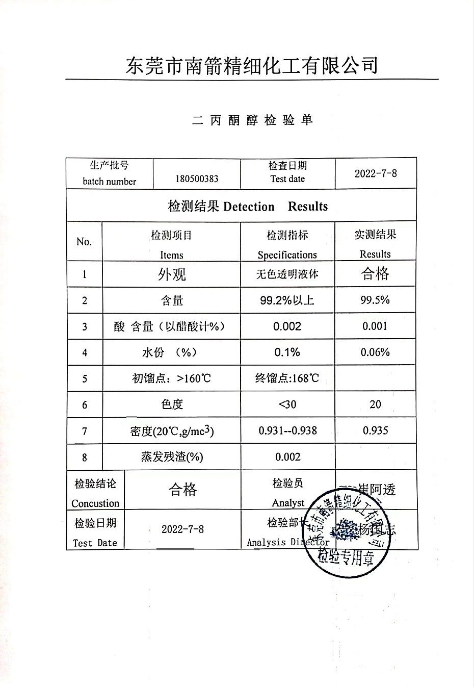 二丙酮醇DAA質量檢測報告