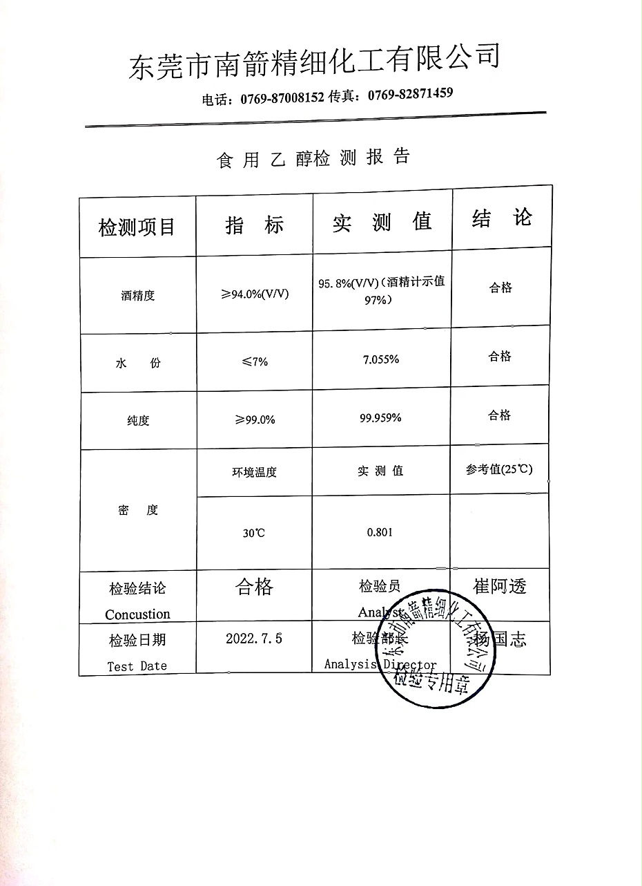 食用乙醇質(zhì)量檢測報(bào)告